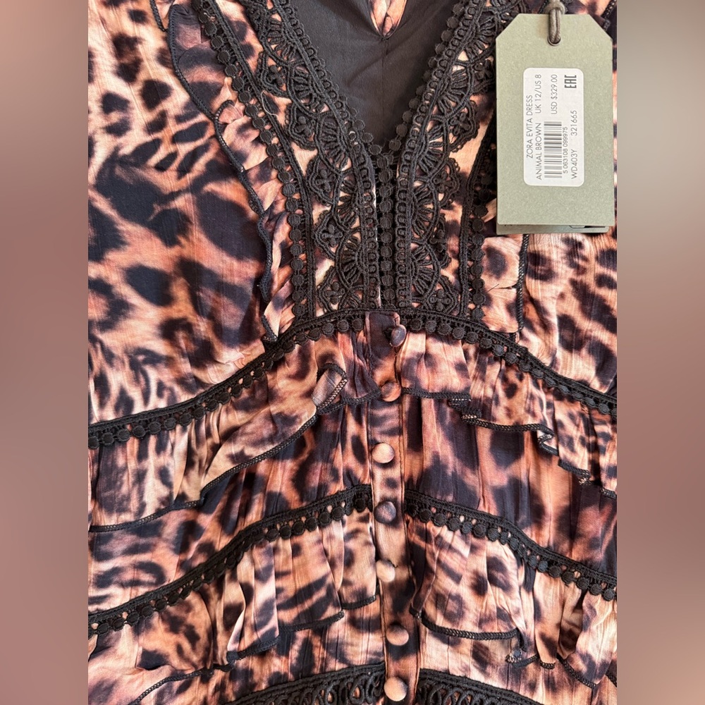 ALL SAINTS Zora Evita Dress New With Tags Brown Animal Print Size 8 - Picture 9 of 16